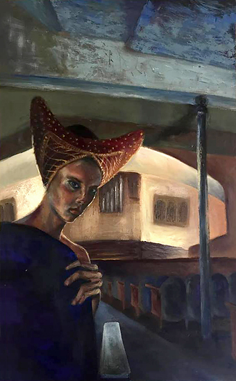 The Grand Play, woman with red hat on balcony, arches and lit windows at night, 1998 oil painting on canvas by Laura L. Krusemark