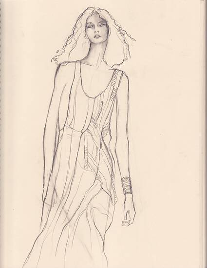 From the Sea, fashion figure sketch of woman in flowing dress, minimal line drawing, 2007 pencil painting on paper by Laura L. Krusemark