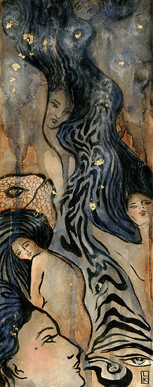 Sea of Life, multiple female faces and figures merging with flowing hair and abstract shapes, 2014 watercolor painting on paper by Laura L. Krusemark