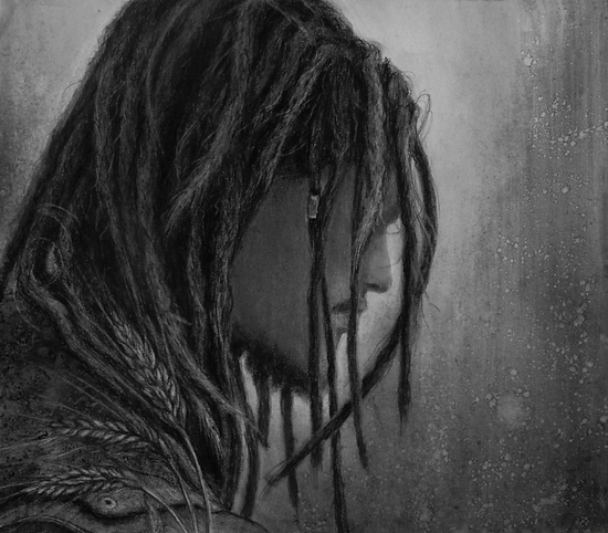 Poem of Sage, man with dreadlocks looking down, monochrome portrait with soft texture, 2015 charcoal painting on paper by Laura L. Krusemark