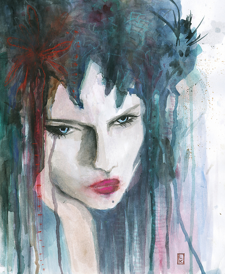 Painted Lady, woman face with blue hair and red flower, dripping paint effect, 2015 watercolor painting on paper by Laura L. Krusemark