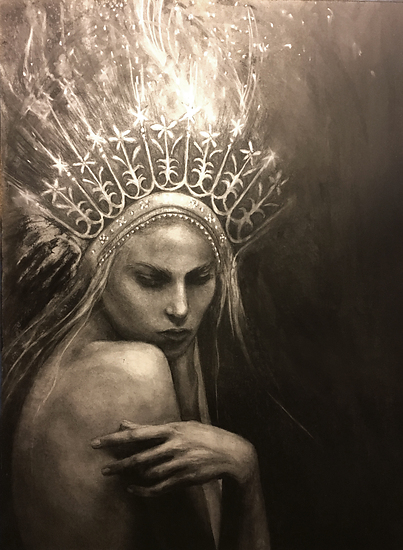 The Handless Maiden, woman with ornate crown, looking down, soft glowing light above, 2015 charcoal painting on paper by Laura L. Krusemark
