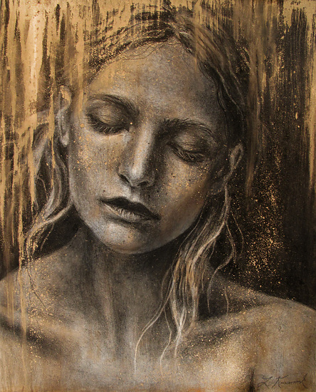 Forgiveness, woman with closed eyes and gold tones, soft textured background, 2016 watercolor painting on paper by Laura L. Krusemark