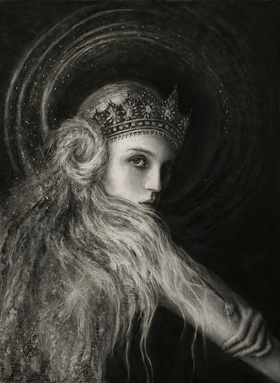 Pleiadian Queen, woman with crown and long hair, looking sideways, dark circular background, 2016 charcoal painting on paper by Laura L. Krusemark