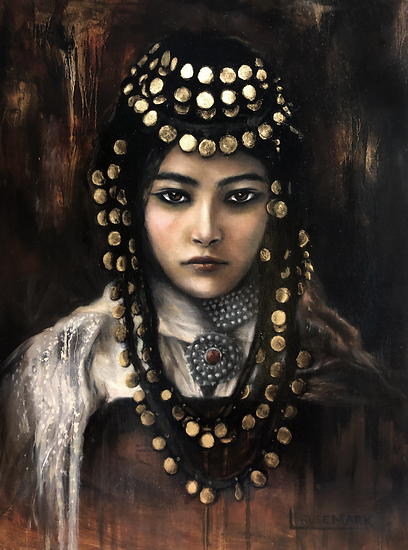 Algerian Princess, woman with ornate coin headdress and jewelry, frontal portrait, dark background, 2020 oil painting on linen by Laura L. Krusemark
