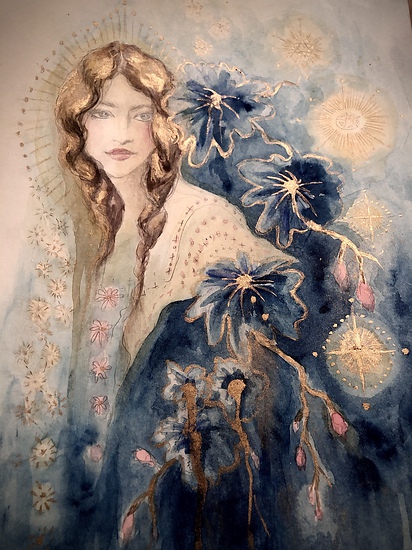 Anastasia and the Star Flowers, woman with braided hair and blue flowers, soft watercolor background with gold details, 2020 watercolor painting on paper by Laura L. Krusemark