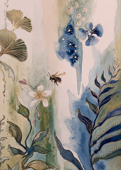 Garden of Delights, botanical composition with leaves, flowers, and bee, soft watercolor tones, 2021 watercolor painting on paper by Laura L. Krusemark