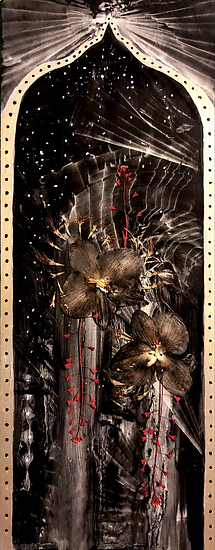 Kali's Garden, dark floral composition with large flowers and red accents, arch frame, 2021 oil painting on wood panel by Laura L. Krusemark
