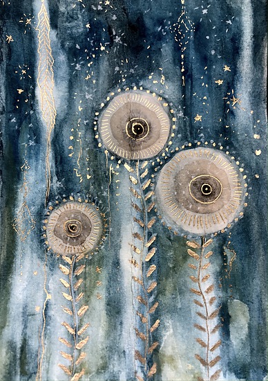 Flowers of Arcturus, three circular flower forms with stems, blue background with gold details, 2021 watercolor painting on paper by Laura L. Krusemark