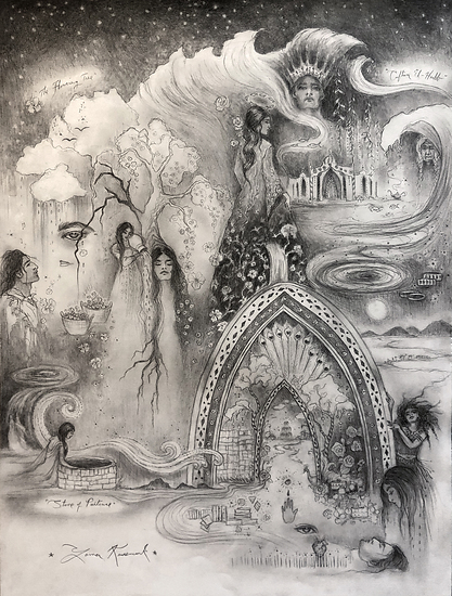 Fragrances of Longing, multiple figures and scenes in detailed composition with arches and flowing elements, 2021 pencil painting on paper by Laura L. Krusemark