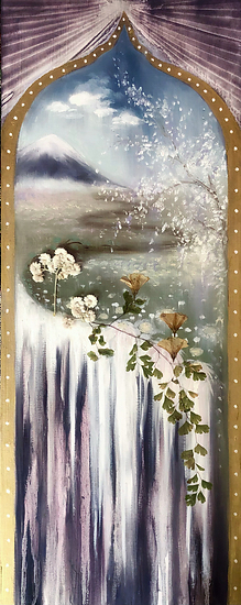 Persphone's World, waterfall landscape with flowers framed by arch, soft pastel background, 2021 oil painting on wood panel by Laura L. Krusemark