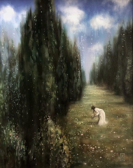 Meadow of Stars, woman picking flowers in long garden path between tall trees, 2022 oil painting on canvas by Laura L. Krusemark