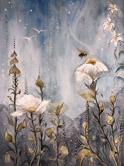 The Visitor, white flowers and bee with gold details on soft blue background, 2022 watercolor painting on paper by Laura L. Krusemark