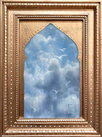 freedom, arched window frame with cloudy sky and flying birds, 2022 oil painting on wood panel by Laura L. Krusemark