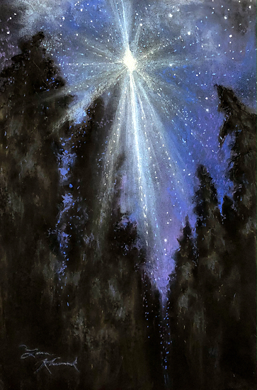 Starlight Pines, bright starburst in night sky above dark pine trees, 2022 pastel painting on paper by Laura L. Krusemark