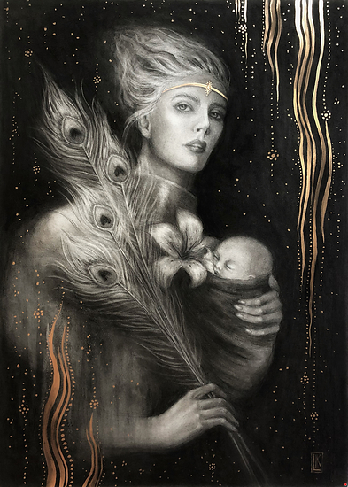 Juno, woman holding baby with peacock feathers and dark decorative background, 2023 painting by Laura L. Krusemark