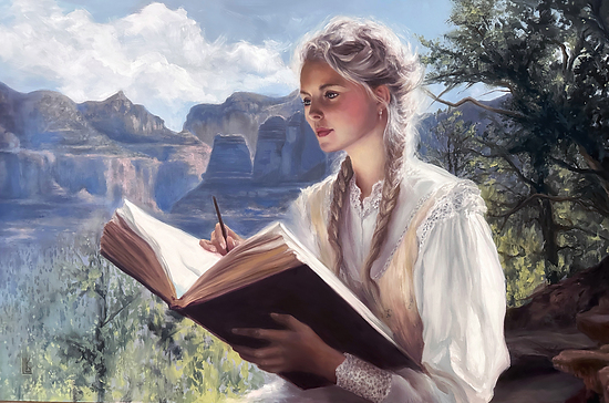 Sedona Reverie, young woman with blonde braids dressed in the 1890’s clothing style reading or sketching in a large book against the background of the Sedona, Arizona mountains, 2025 oil painting on wood panel by Laura L. Krusemark