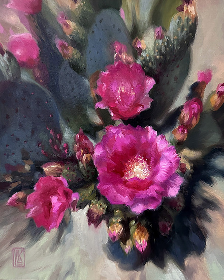 Desert Radiance, fuchsia colored cacti flowers bursting forth in bloom under the bright Arizona sun, 2025 oil painting on wood panel by Laura L. Krusemark