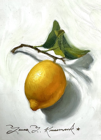 Lemon Study 4, yellow lemon with green leaves on white background, 2026 oil painting on linen by Laura L. Krusemark