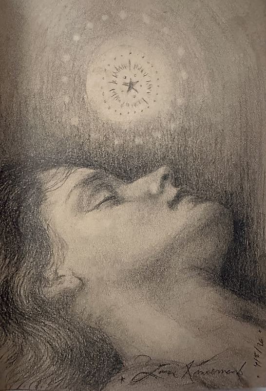 Soul Star, Soft graphite portrait of a woman in profile with closed eyes gazing upward beneath a glowing star symbol surrounded by circular celestial markings and mist-like shading., 2026 graphite painting on paper by Laura L. Krusemark