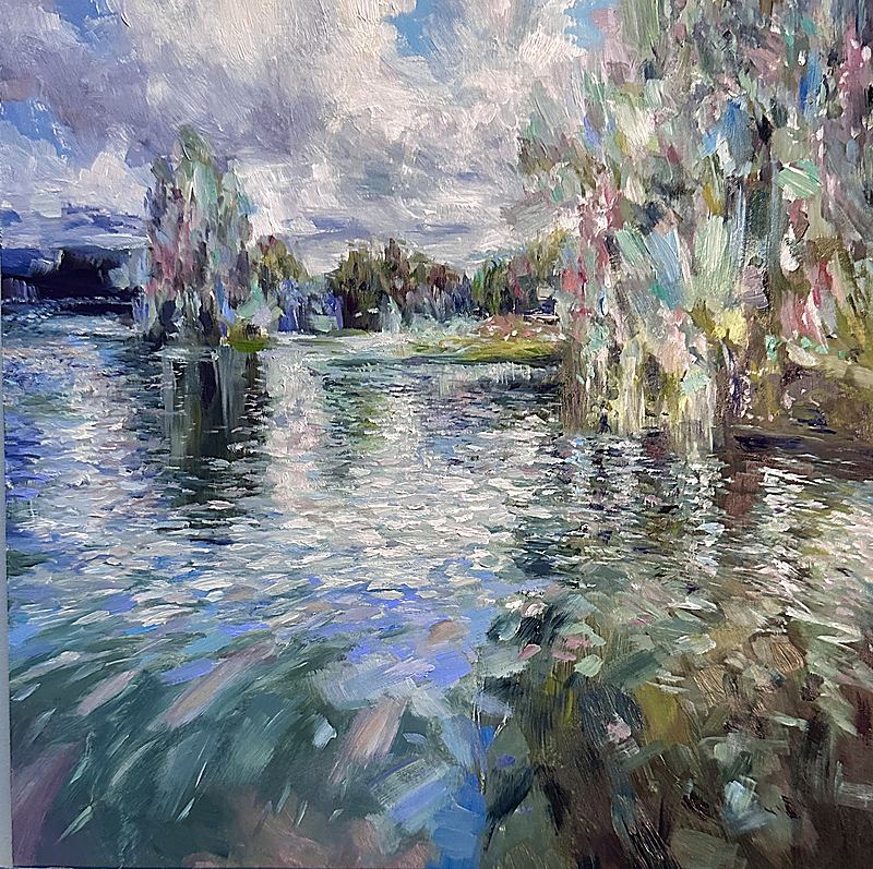 Gatchina Mastercopy, Soft impressionist landscape painting of a reflective river bordered by trees and flowering foliage, rendered with expressive pastel brushstrokes in blue, lavender, green, and blush tones beneath a cloudy luminous sky., 2026 oil painting on wood panel by Laura L. Krusemark