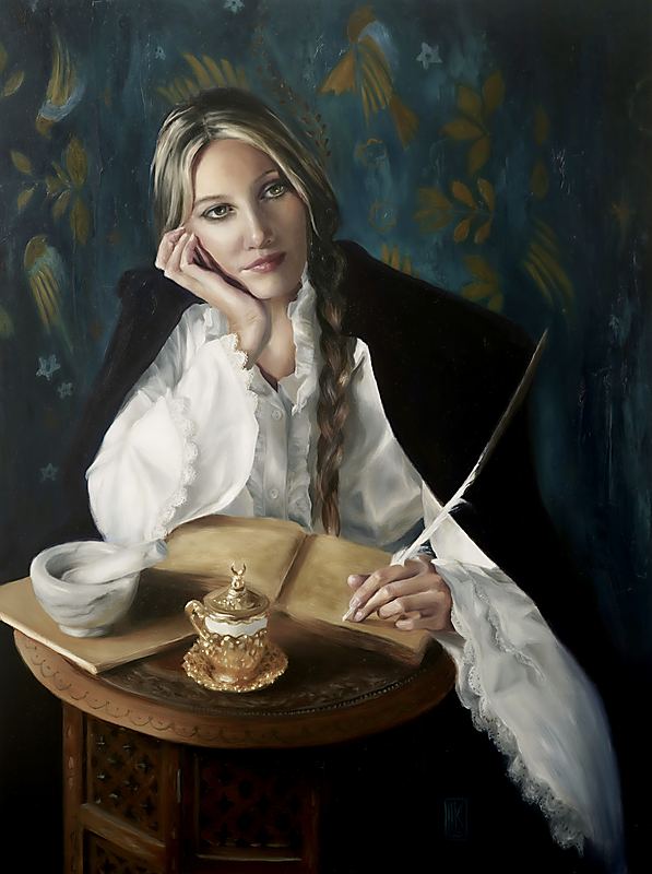Dream of an Earlier Self, Self-Portrait writing beside an open book with a feather quill, dressed in flowing white sleeves against a deep blue patterned background., 2026 oil painting on wood panel by Laura L. Krusemark