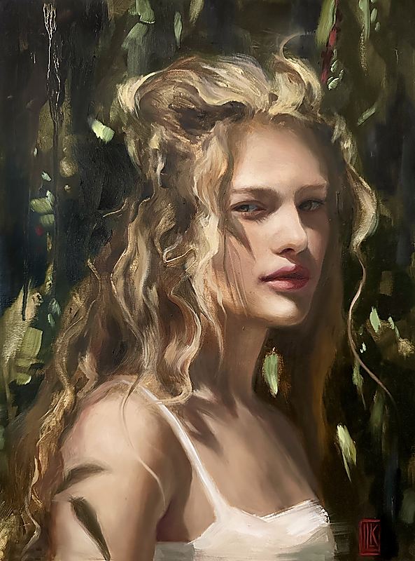 She Knew My Name, Atmospheric portrait oil painting of a young woman with flowing golden curls, illuminated by soft natural light and surrounded by dark woodland foliage, rendered in a romantic impressionist style, 2026 oil painting on wood panel by Laura L. Krusemark
