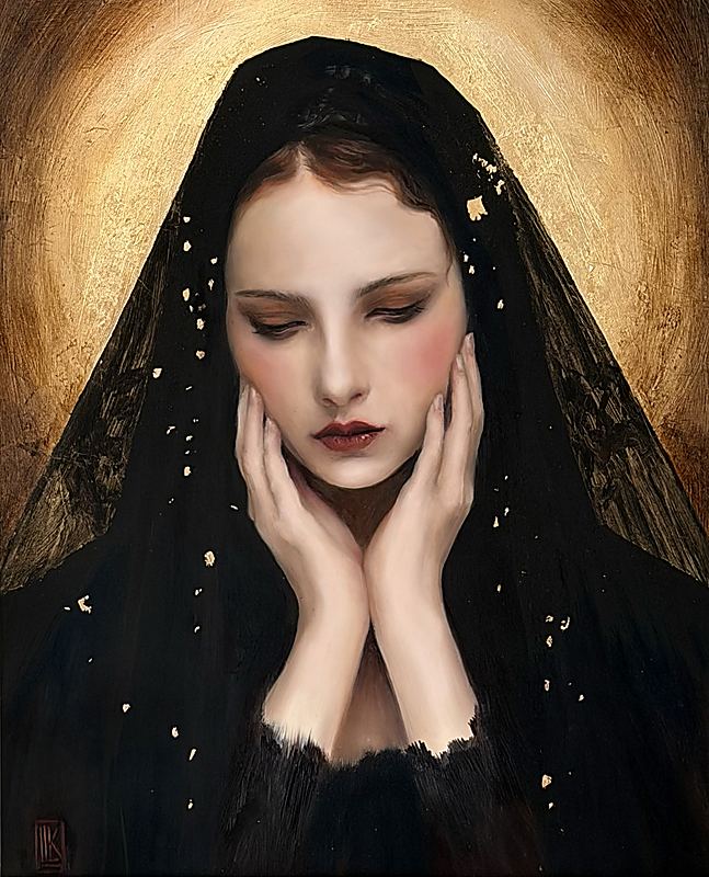 Oro e Ombra, Portrait oil painting of a contemplative young woman draped in a black veil adorned with gold accents, illuminated by a radiant golden background in a style reminiscent of sacred iconography and classical portraiture., 2026 oil painting on wood panel by Laura L. Krusemark