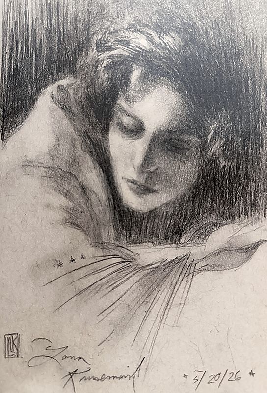 Eco della Luna, Graphite portrait drawing of a young woman resting her head on folded arms, rendered with soft tonal shading and expressive pencil marks that create a contemplative and dreamlike atmosphere., 2026 graphite painting on paper by Laura L. Krusemark