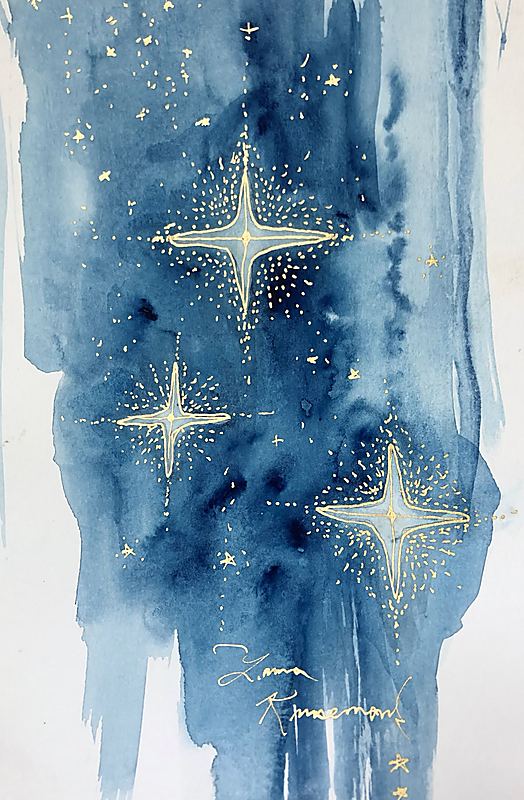 The Golden Trio, An original watercolor inspired by the timeless beauty of the night sky. Rich indigo washes and hand-painted golden stars evoke a sense of wonder, serenity, and quiet light., 2023 watercolor painting on paper by Laura L. Krusemark