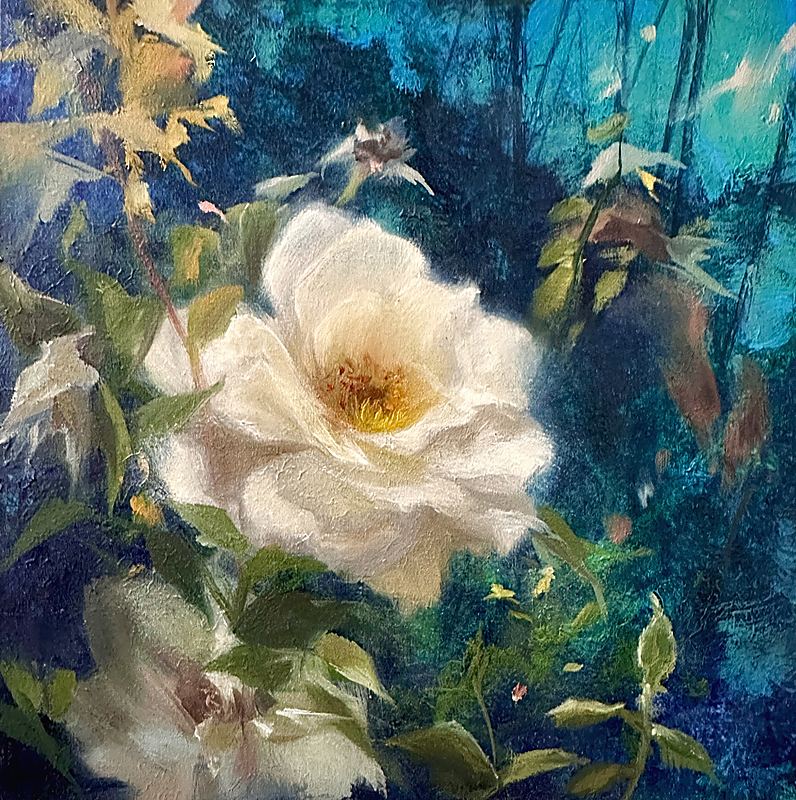 Mystic Garden Rose, Original oil painting of a white rose surrounded by lush foliage in a vibrant blue garden. Soft, expressive brushwork captures the ethereal beauty of light, nature, and blooming flowers., 2026 oil painting on canvas by Laura L. Krusemark