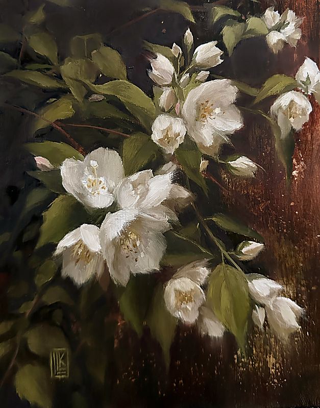 The Fragrance of Light, Original oil painting on wood panel featuring luminous mock orange blossoms in bloom. Soft, expressive brushwork and warm natural light create a timeless floral composition inspired by the beauty of spring gardens., 2026 oil painting on wood panel by Laura L. Krusemark
