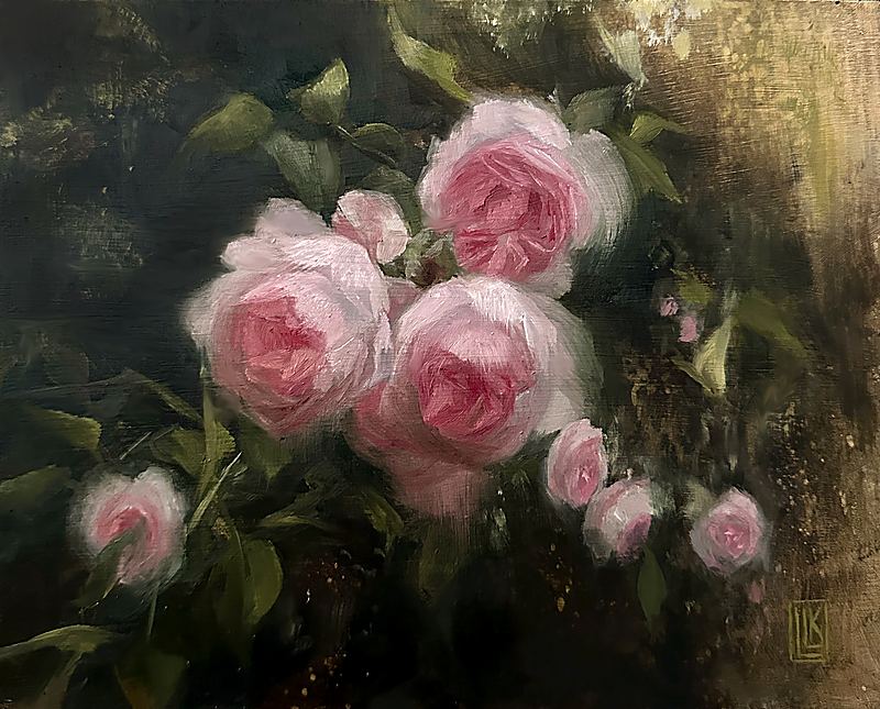 Roses of Eden, An atmospheric oil painting on wood panel depicting luminous pink roses among rich foliage. Gentle brushwork, soft transitions, and warm light create a timeless garden scene that celebrates beauty, tranquility, and the enduring elegance of nature., 2026 oil painting on wood panel by Laura L. Krusemark