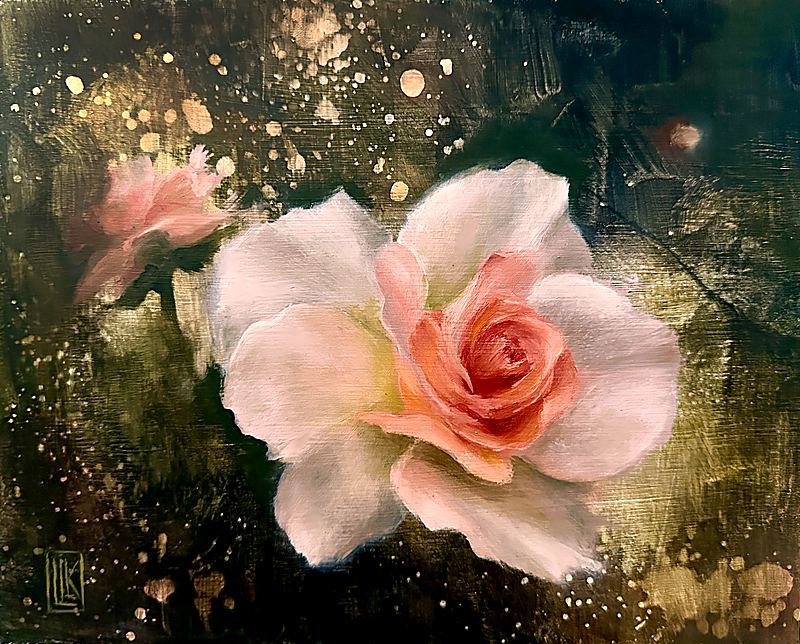 Cosmic Rose, Cosmic Rose is an original oil painting on wood panel featuring a luminous white and coral rose floating within a celestial atmosphere of rich dark tones and golden light. Blending floral realism with an ethereal, cosmic ambiance, the painting celebrates the beauty of nature as a reflection of the universe., 2026 oil painting on wood panel by Laura L. Krusemark
