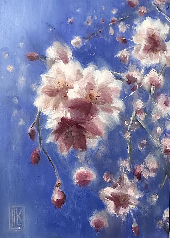 Spring on Mt. Shasta, Inspired by spring in Mt. Shasta, California, this original 5 × 7 inch oil painting on wood panel captures delicate pink blossoms floating against a luminous blue sky. Loose, expressive brushwork and soft atmospheric color celebrate the beauty, light, and renewal of the changing season., 2026 oil painting on wood panel by Laura L. Krusemark