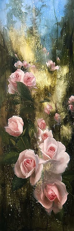 Where Roses Dream, Where Roses Dream is an original oil painting featuring luminous pink roses in a magical forest-like landscape, blending botanical beauty with dreamy impressionism., 2026 oil painting on wood panel by Laura L. Krusemark