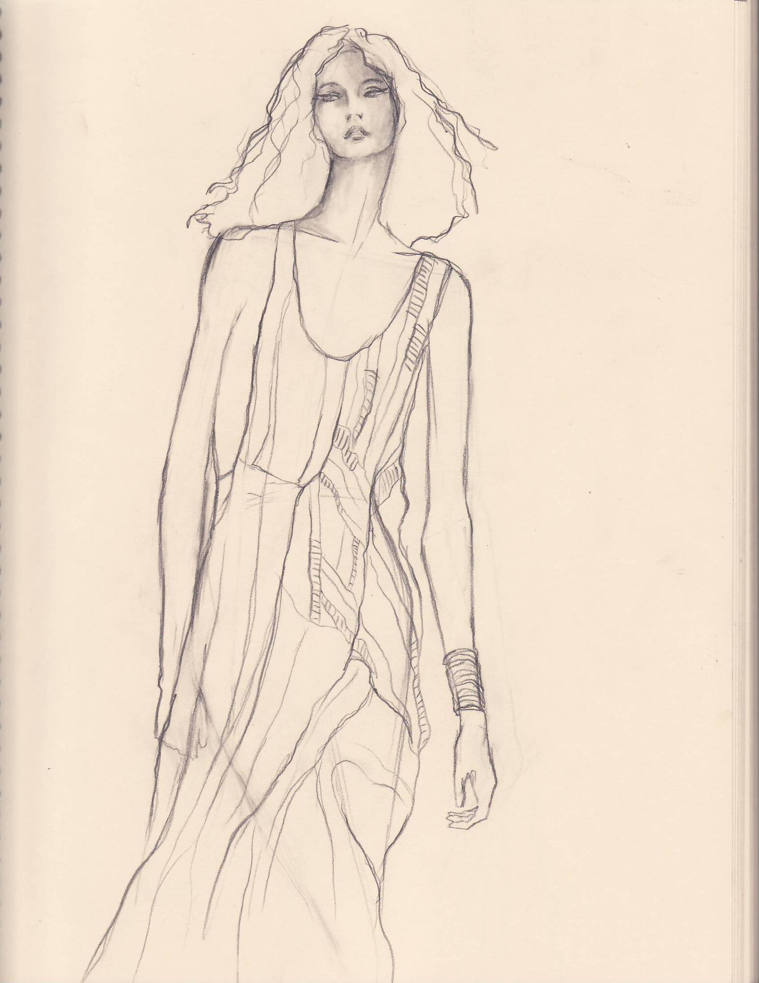 From the Sea, fashion figure sketch of woman in flowing dress, minimal line drawing, 2007 pencil painting on paper by Laura L. Krusemark