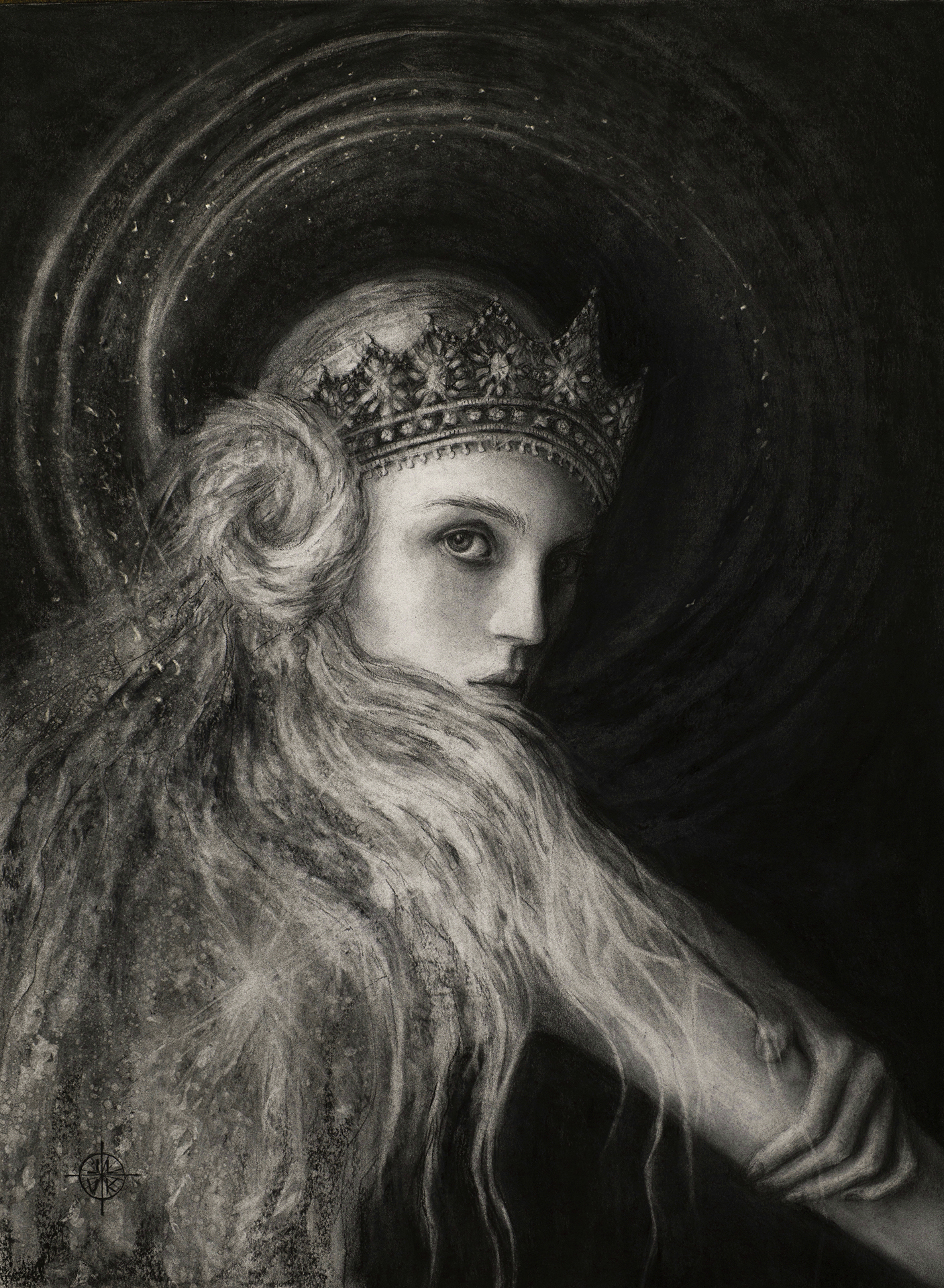 Pleiadian Queen, woman with crown and long hair, looking sideways, dark circular background, 2016 charcoal painting on paper by Laura L. Krusemark