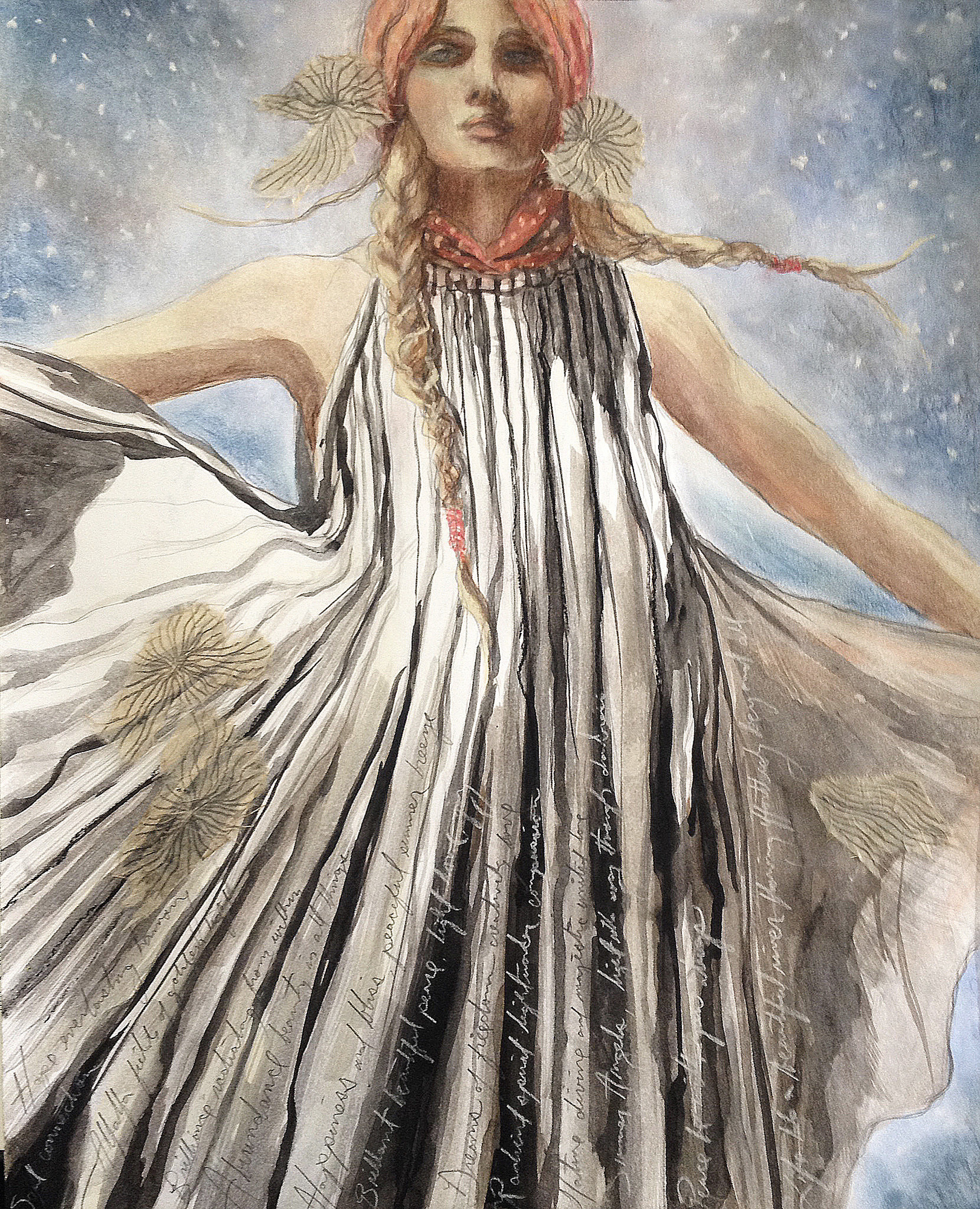 Summer Angel, woman with braided hair and flowing dress, arms extended, light sky background, 2016 watercolor painting on paper by Laura L. Krusemark