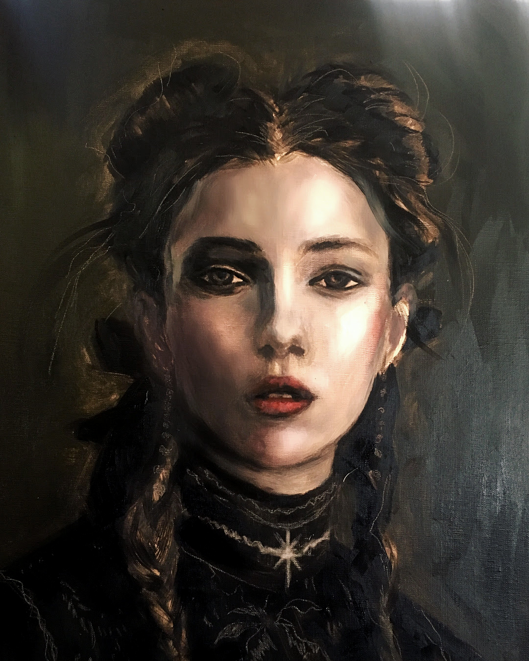 Penolope Star- The West World Girl, woman portrait with braided hair and direct gaze, dark background, 2017 oil painting on canvas by Laura L. Krusemark