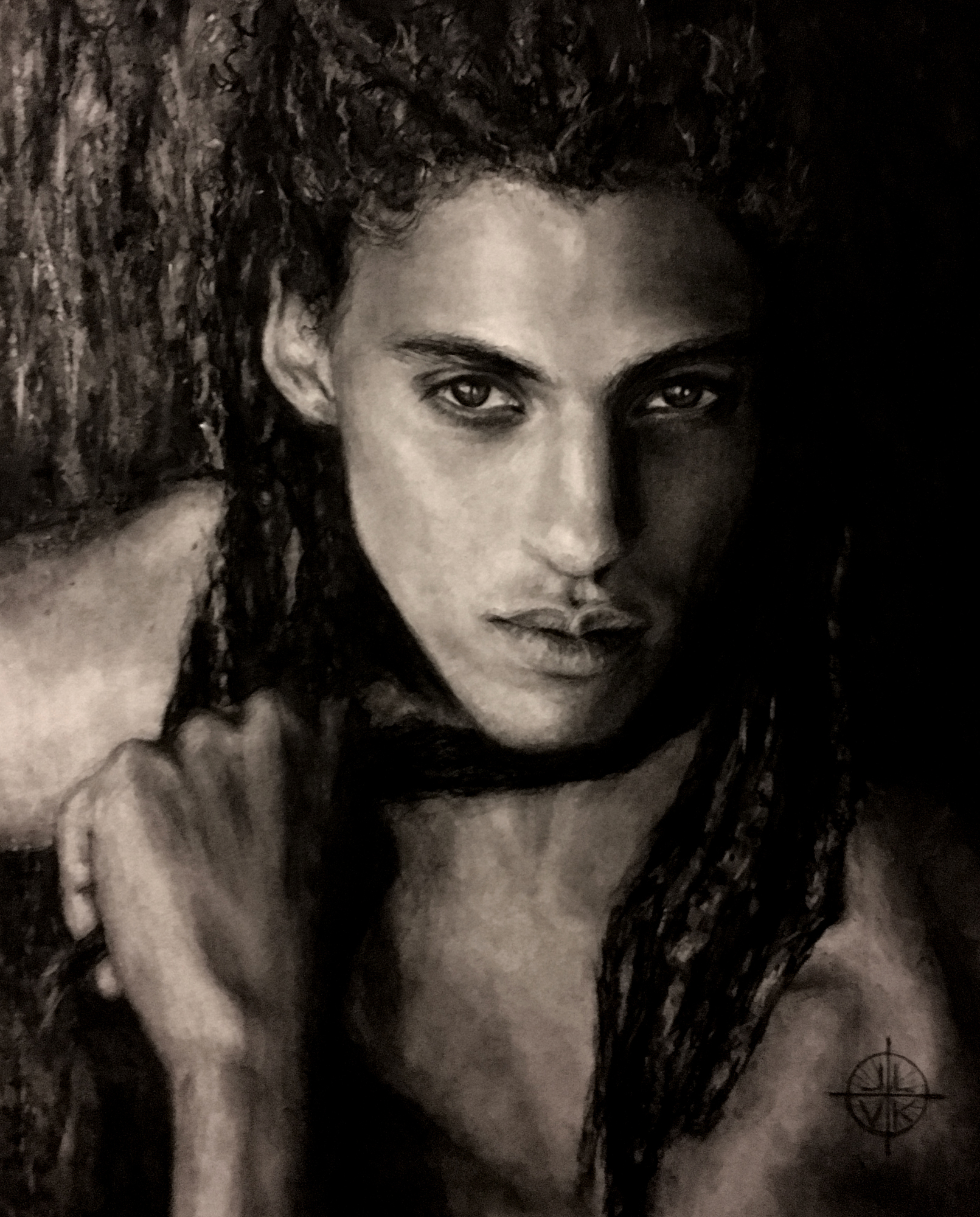 Lucien of the Light, man with dreadlocks holding shoulder, monochrome portrait, dark background, 2017 charcoal painting on paper by Laura L. Krusemark