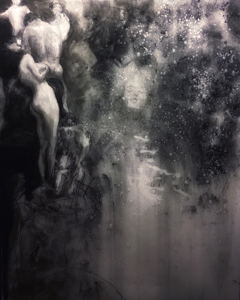Interpretation of Philosophy Study, figures with abstract face and textured background, 2017 charcoal painting on paper by Laura L. Krusemark