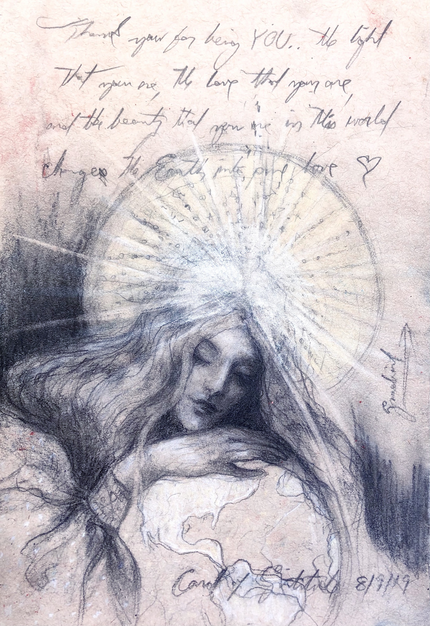Gratitude Sketch, woman with head bowed holding globe, radiating lines above, sketch style, 2019 pencil painting on paper by Laura L. Krusemark