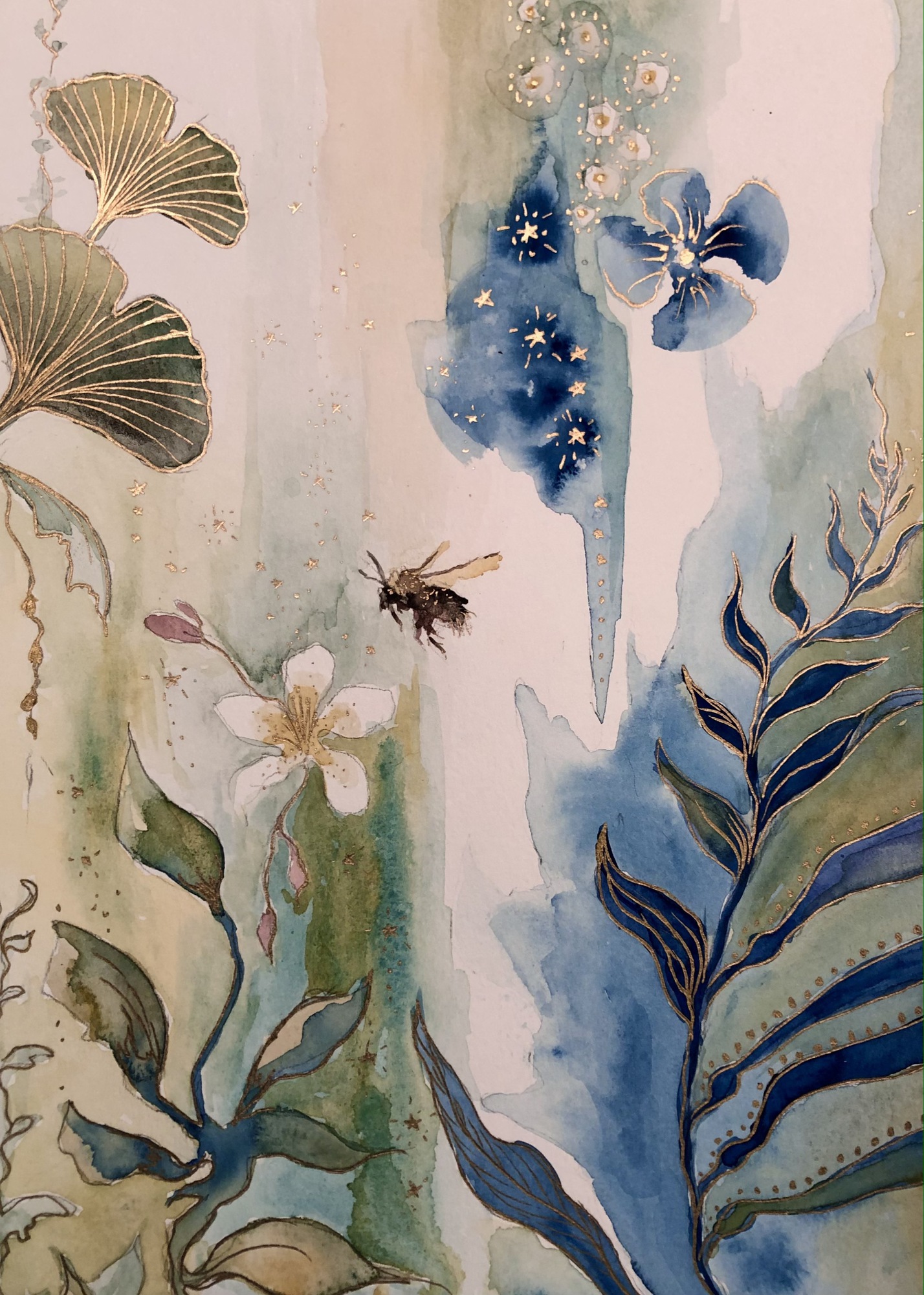 Garden of Delights, botanical composition with leaves, flowers, and bee, soft watercolor tones, 2021 watercolor painting on paper by Laura L. Krusemark