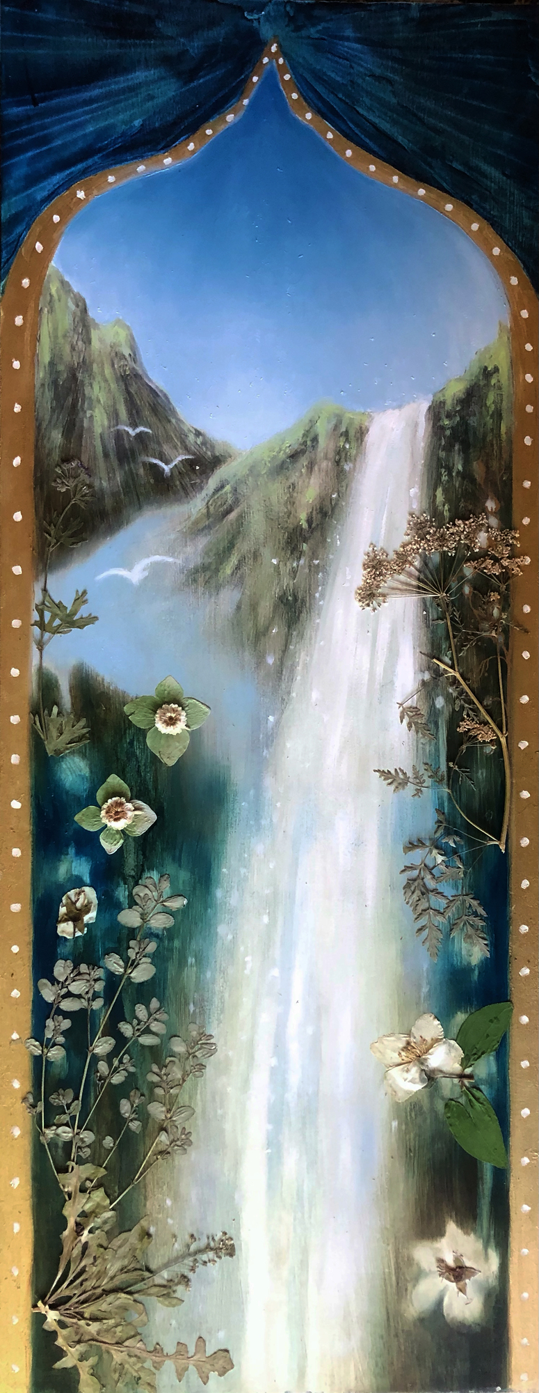 Anahita's Abundance, waterfall landscape framed by arch with flowers and plants in foreground, 2021 oil painting on wood panel by Laura L. Krusemark