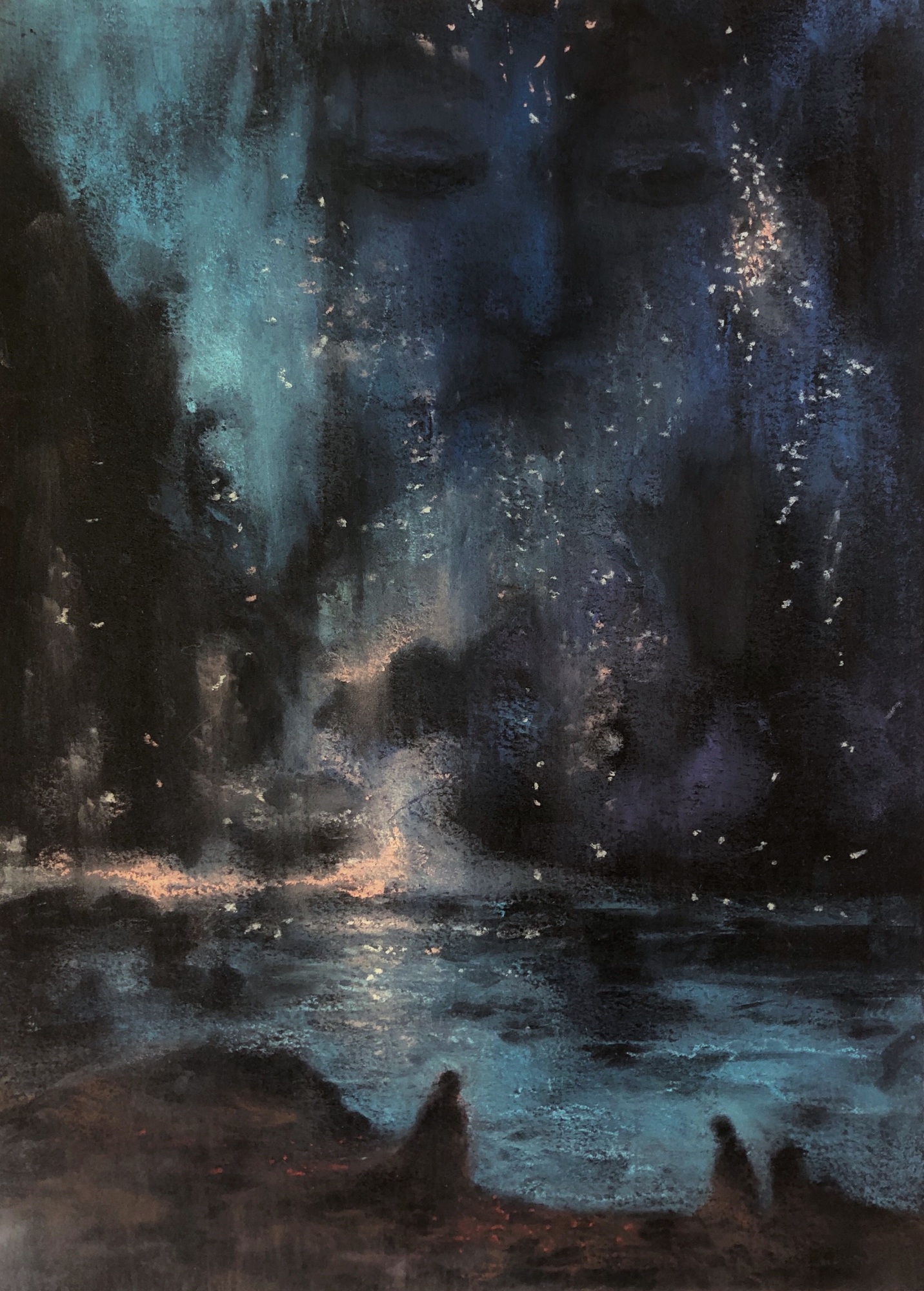 The Calm in the Chaos, large face above water with small figures, dark blue night landscape, 2021 pastel painting on paper by Laura L. Krusemark
