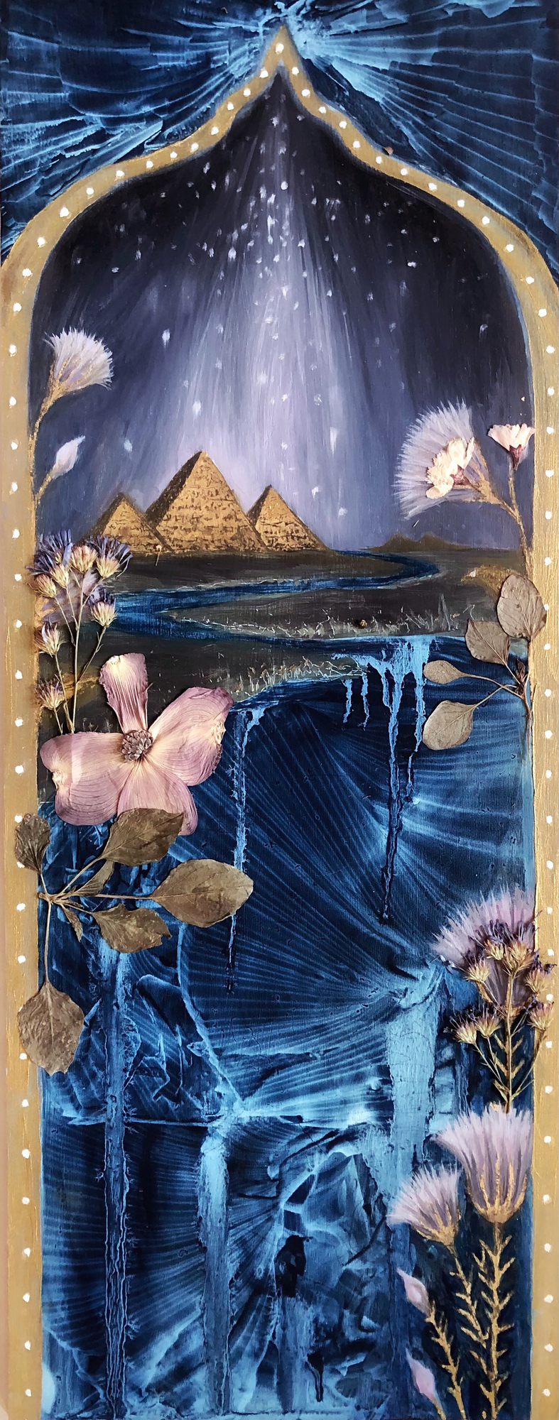 Isis's Quest, pyramids and waterfall framed by arch, night sky with stars and flowers, 2021 oil painting on wood panel by Laura L. Krusemark