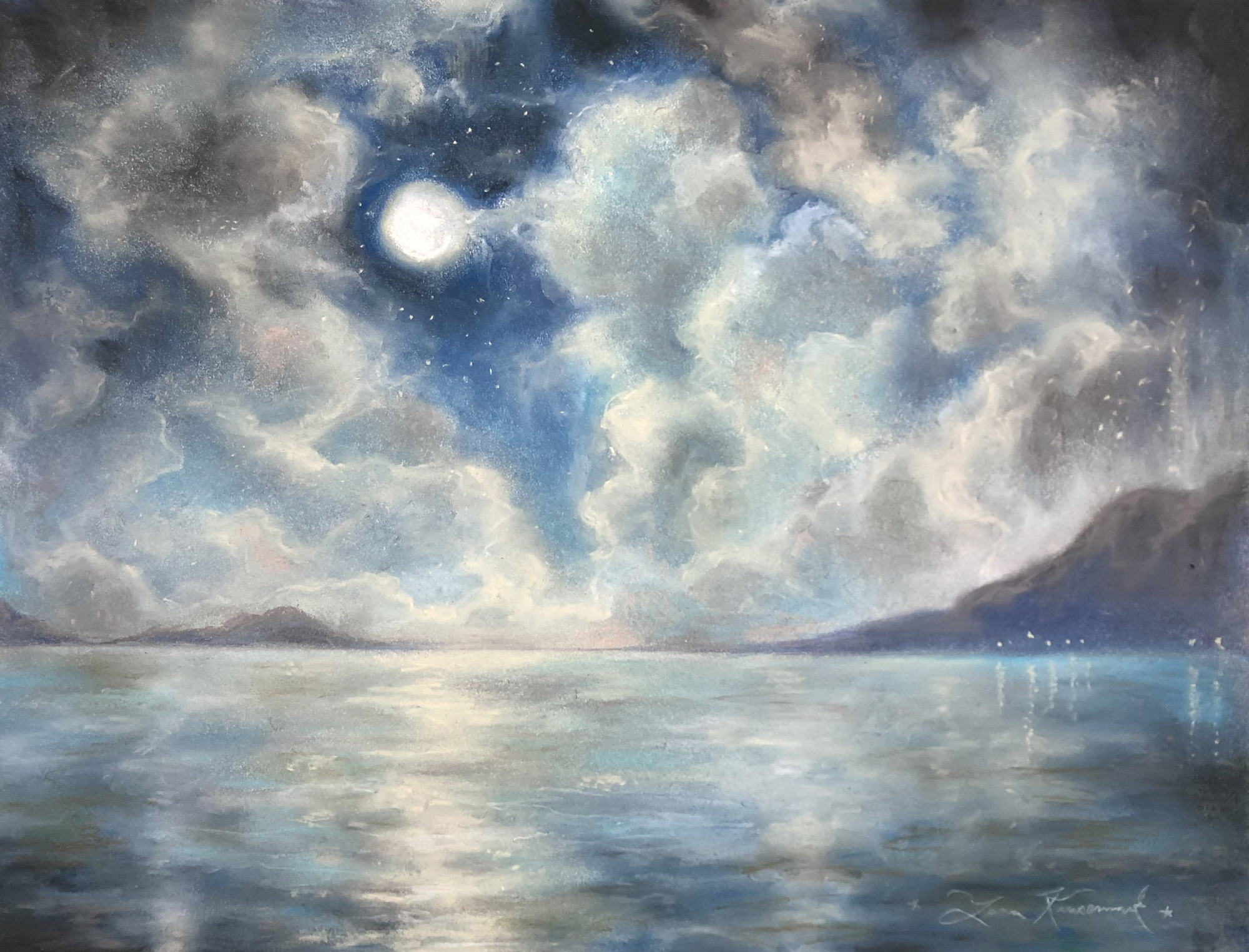 Dreamland, moonlit sea with clouds and reflections, soft blue night landscape, 2021 pastel painting on paper by Laura L. Krusemark