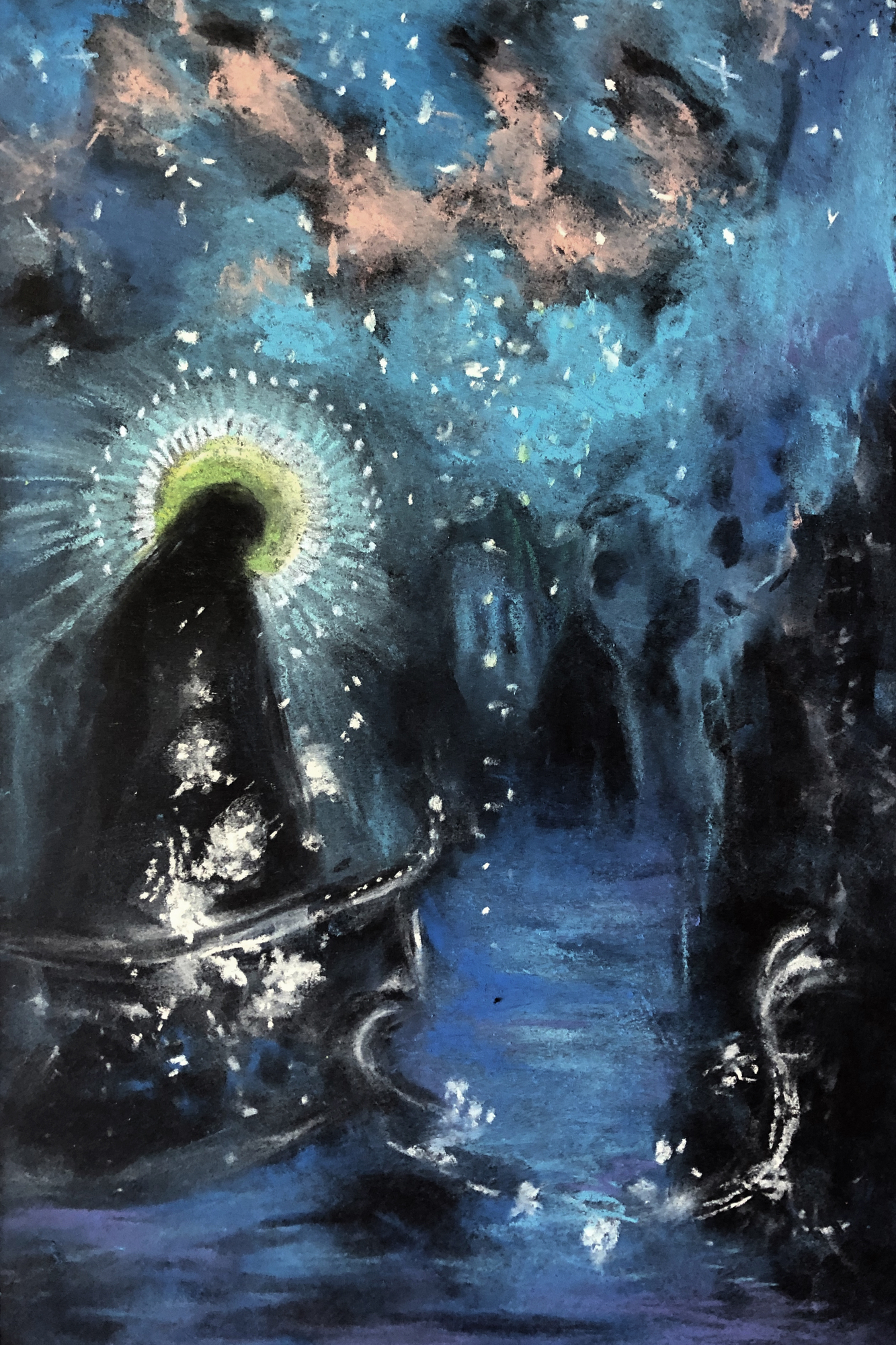 The Starlight Guide, figure in boat with glowing halo, dark blue water and abstract figures, 2021 pastel painting on paper by Laura L. Krusemark