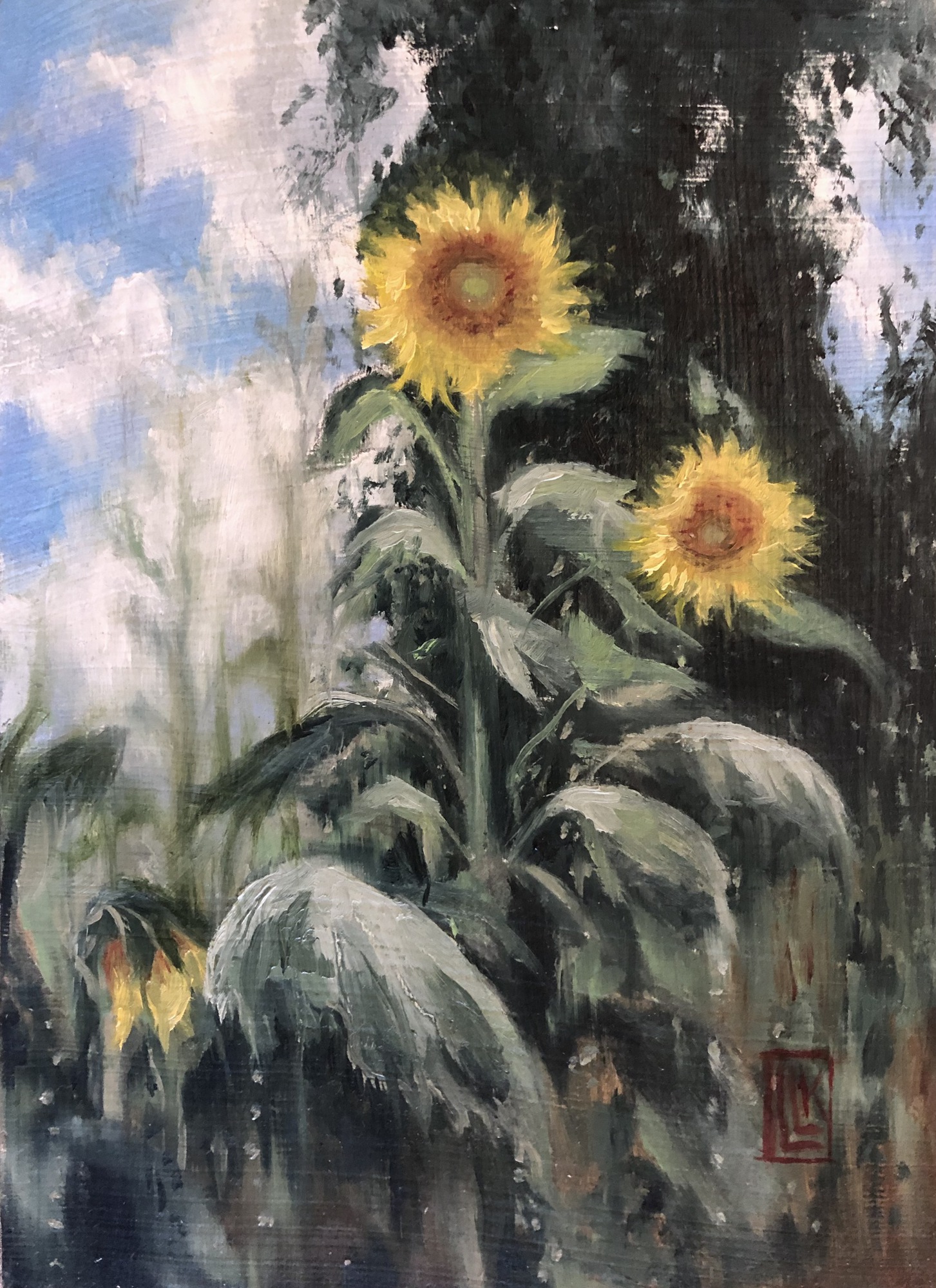 Garden Sunflowers, sunflowers growing near water with soft sky and trees background, 2022 oil painting on wood panel by Laura L. Krusemark